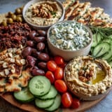 Overhead view of a vibrant Mediterranean Brunch Board with Dips and Flatbreads, surrounded by tangy tzatziki, feta, and warm pita triangles.