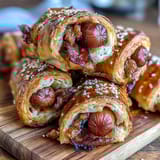 Golden crescent roll dough wrapped around mini hot dogs, baked until flaky and golden for the perfect game-day appetizer.
