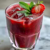 Refreshing fruity beverage featuring ripe strawberries and açaí, blended with ice and served with a lemon slice for a bright, energizing sip.