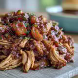 Sweet and smoky crockpot honey peach BBQ pulled pork, served hot and perfect for family cookouts or casual dinners.  