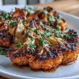 Generously drizzled BBQ Cauliflower Steaks, topped with fresh, zesty chimichurri sauce.