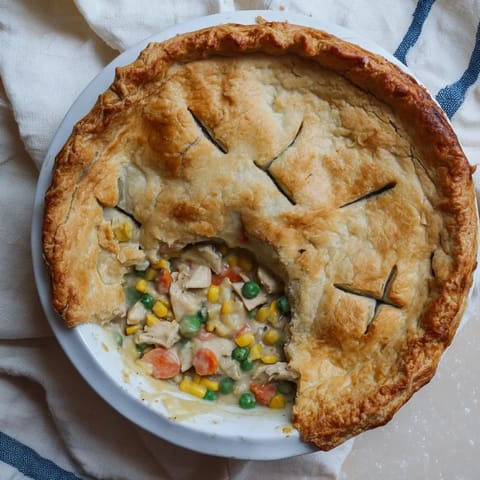 Steam rises from a bubbling Chicken Pot Pie filling inside a rustic pie crust.