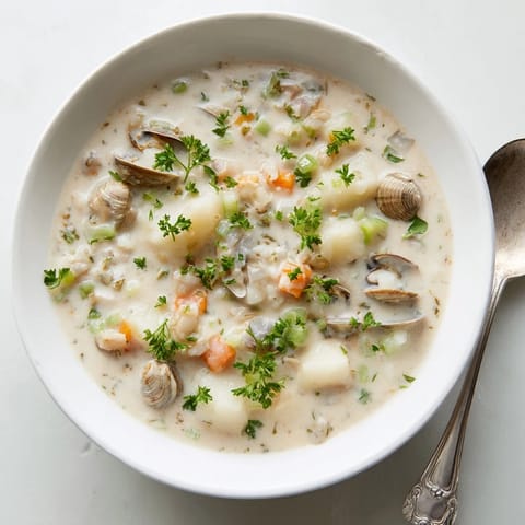 A close-up of homemade Clam Chowder with tender clams and diced potatoes in a thick, savory broth.