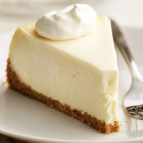 Golden-brown New York Cheesecake sits on a white plate with a clean slice removed, revealing its dense creamy texture and classic graham cracker crust.
