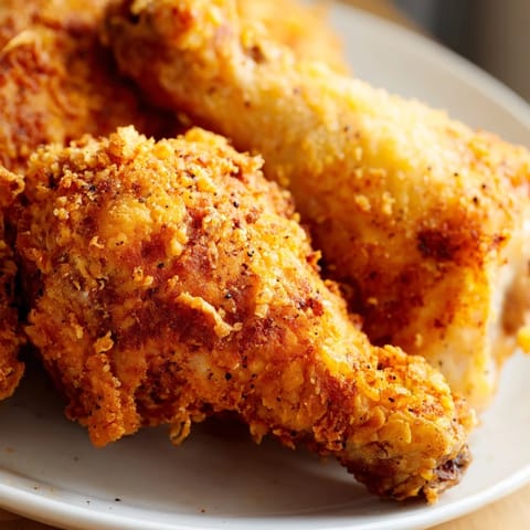 Golden brown fried chicken pieces with a crispy crust, resting on a wire rack, ready to serve with coleslaw.