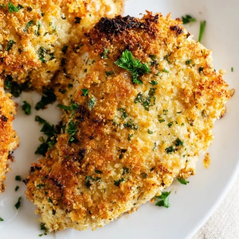 Four golden-baked chicken breasts with a crispy garlic Parmesan crust sit on a parchment-lined tray, garnished with fresh parsley.