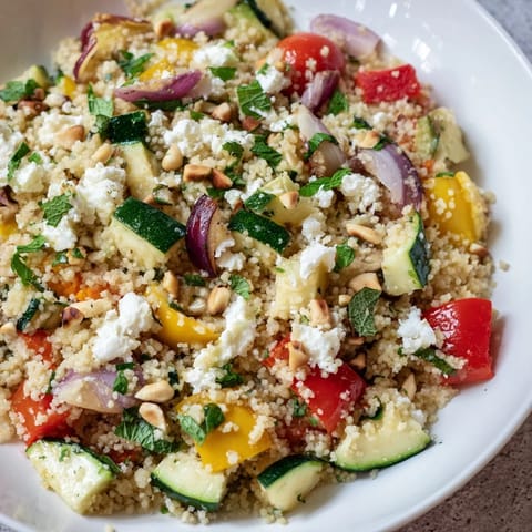 Freshly roasted zucchini, bell peppers, and red onion create a warm base for this Roasted Veggie Couscous Salad, topped with creamy feta and fresh herbs.