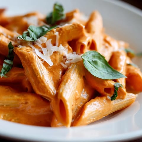 A skillet of velvety Creamy Roasted Red Pepper Pasta topped with chopped parsley, steam rising from the vibrant sauce.