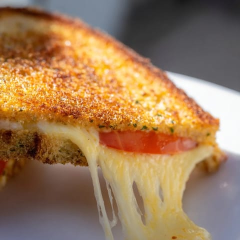 Golden-brown Pepper Jack & Tomato Grilled Cheese sandwiches, sliced in half and resting on a rustic wooden board with fresh tomato slices beside them.