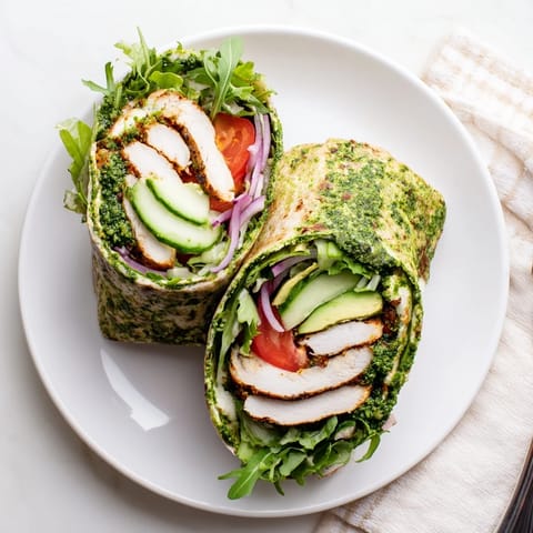 Freshly grilled chimichurri chicken wraps with crisp greens and zesty herbs on a soft flour tortilla.