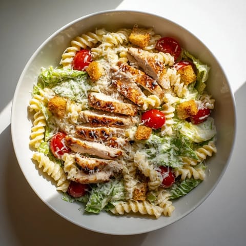 Close-up of Caesar Pasta Chicken Bowl featuring juicy grilled chicken, pasta, and crunchy garlic croutons tossed in Caesar dressing.