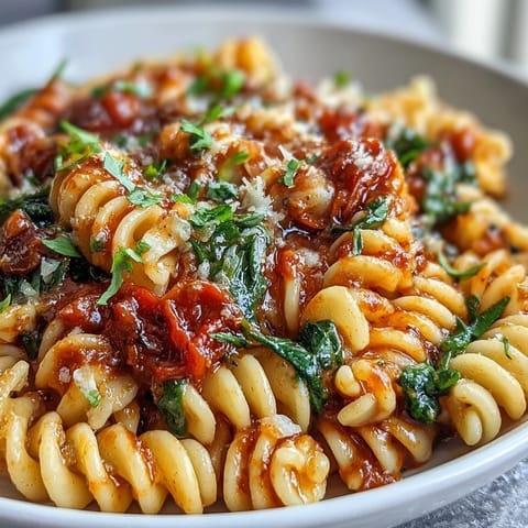 Tomato spinach one-pot rotini with al dente pasta, fresh spinach, and savory broth in a rustic ceramic bowl.  