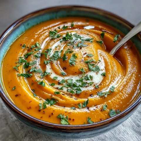 Vibrant Carrot Ginger Soup: smooth, orange, garnished with fresh herbs and cream.