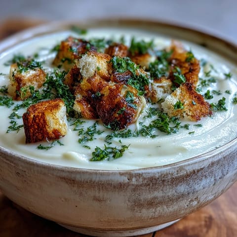 Velvety Roasted Garlic Soup topped with fresh green parsley and croutons.
