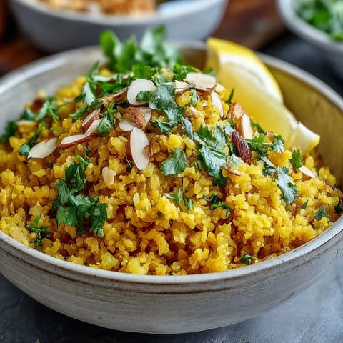 Sautéed Turmeric Cauliflower Rice in a skillet, showing tender riced cauliflower coated in warm spices and garnished with fresh herbs for a fragrant finish.