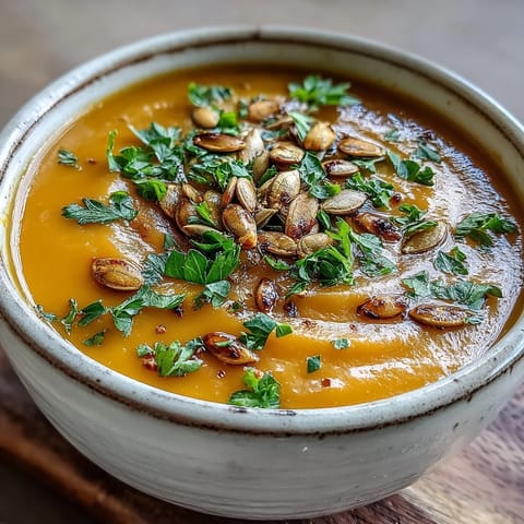 Rich butternut squash and apple soup with warm spices, creamy texture.