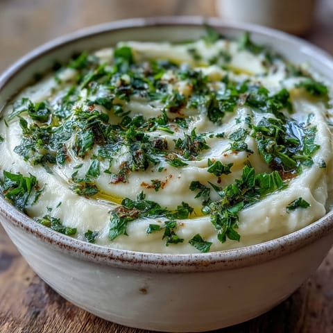 Velvety smooth Parsnip and Herb Soup, garnished with vibrant fresh green herbs.