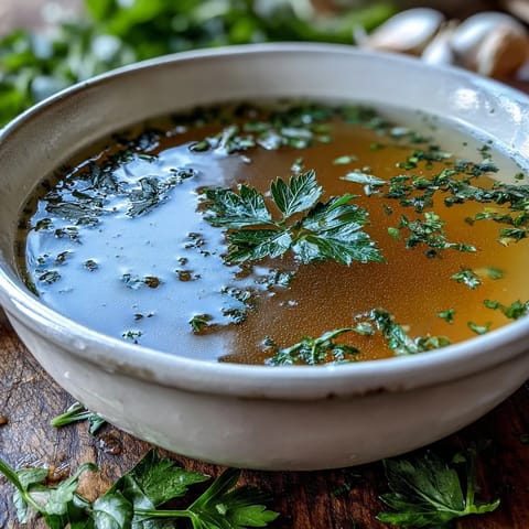 Golden vegetable broth from scraps simmers in a pot, rich with herbs.