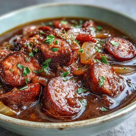A steaming bowl of Crock Pot BBQ Cocktail Sausage Soup garnished with fresh parsley, showcasing the rich, tangy broth and tender vegetable pieces.  
