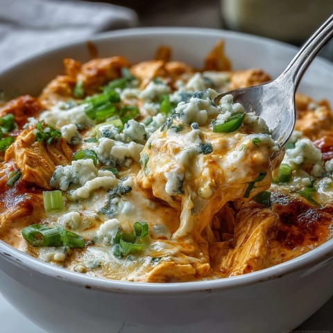 A ladle scoops rich Crock Pot Buffalo Chicken Dip Soup, topped with green onions and a hint of blue cheese.