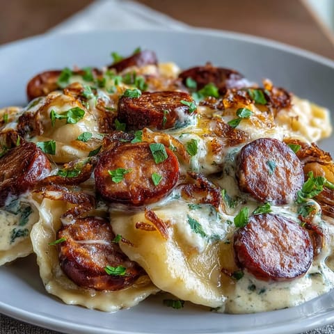 Slow-cooked Crockpot Pierogi Casserole With Kielbasa features golden, bubbly cheese and creamy sauce.