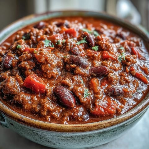 A hearty bowl of Slow Cooker Chili topped with sour cream, chopped green onions, and served with cornbread.