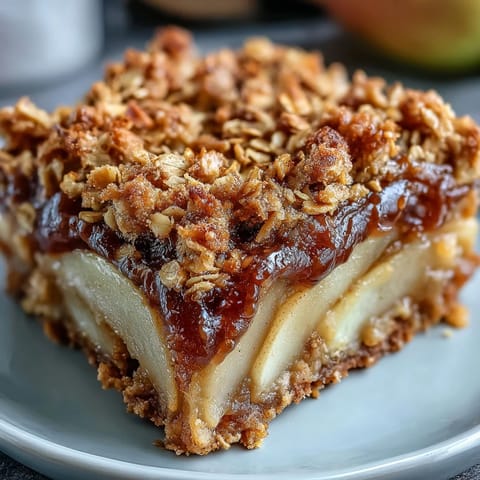 Rustic dish of bubbling Pear Crumble, baked until golden-brown and topped with cinnamon oats, ready to serve warm.