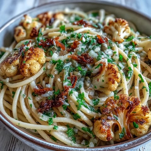 Close-up of golden Cauliflower, Anchovy and Raisin Spaghetti served in a white bowl, garnished with fresh parsley and lemon zest.