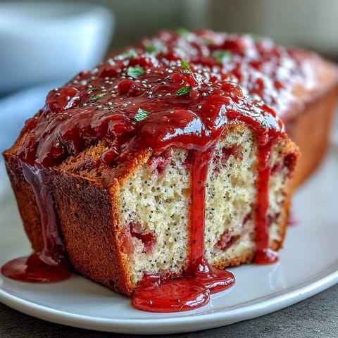Close-up of a freshly baked Blood Orange Loaf Cake with Poppy Seeds and Marzipan, glistening with a bright orange glaze on a white marble countertop.