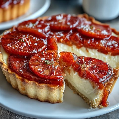Freshly baked Blood Orange Tarts with silky vanilla custard in crisp shells, topped with vibrant citrus slices.