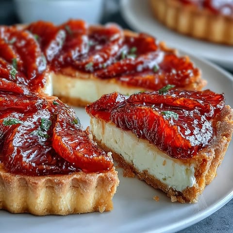Six individual Blood Orange Tarts arranged on a marble board, glazed with honey for a glossy sheen.