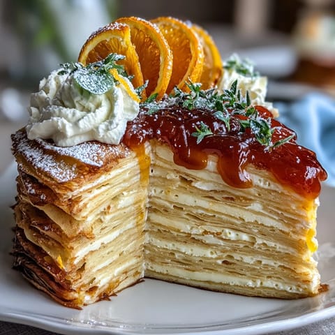 Tall slices of blood orange curd crêpe cake display delicate layers and fresh citrus zest garnish.