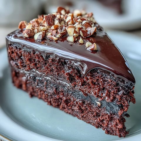 A slice of Chocolate Celebration Cake showcases moist chocolate layers and glossy ganache, topped with crunchy hazelnut praline and fresh berries.