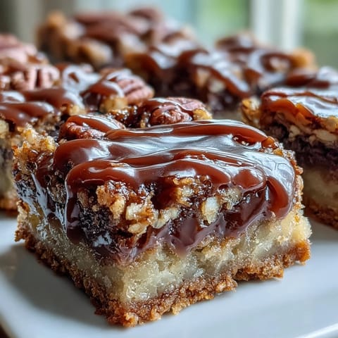 A close-up of Decadent Sweet and Chewy Turtle Bars with Chocolate and Caramel stacked on a white plate with milk. 