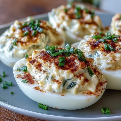 Million Dollar Deviled Eggs garnished with paprika and fresh chives on a white platter.