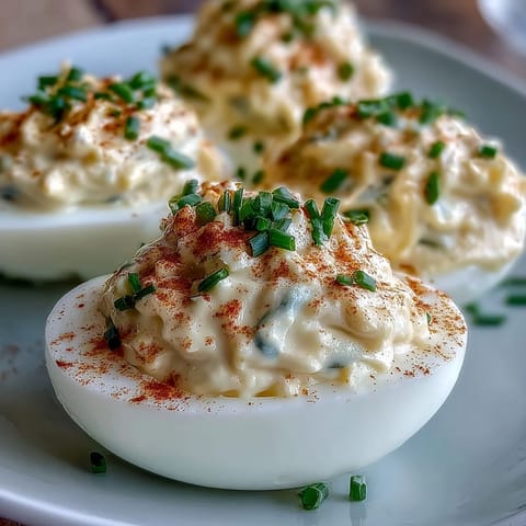 Creamy filling piped into tender egg white halves, served chilled for a party appetizer.
