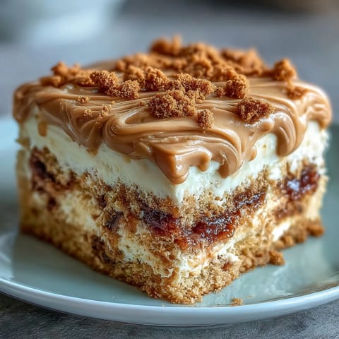 Decadent Baked Biscoff Cake with Creamy Lotus Frosting, topped with crunchy biscuit crumbles and a sweet drizzle on a rustic wooden board.
