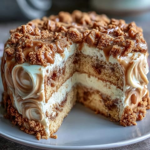 A slice of Decadent Baked Biscoff Cake reveals a tender vanilla sponge and rich Lotus frosting, perfect with a steaming cup of coffee.