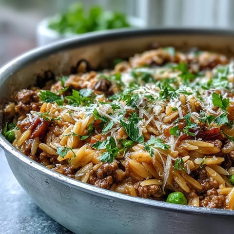 Forkful of savory Comforting Ground Beef Orzo Dinner with melted Parmesan and tender orzo.