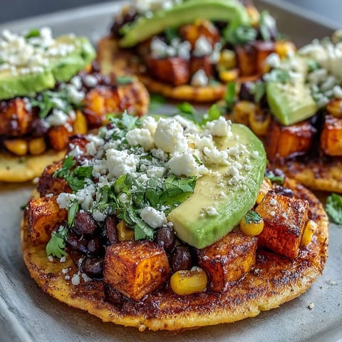 Mashed avocado and crumbled feta add creamy texture to these Black Bean and Sweet Potato Tostadas.