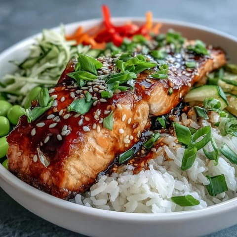 Freshly baked Asian-Inspired Salmon Bowl with glazed fillets, fluffy rice, and colorful julienned vegetables topped with sesame seeds.