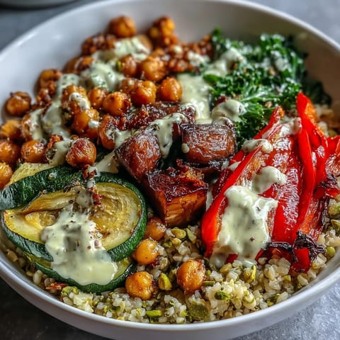 Vivid steamed kale, roasted red peppers, and chickpeas topped with creamy tahini dressing for a wholesome meal.