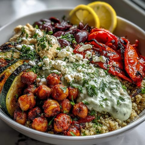 Freshly roasted zucchini, bell pepper, and tomatoes top fluffy quinoa in a colorful Mediterranean Buddha bowl with creamy hummus and feta.