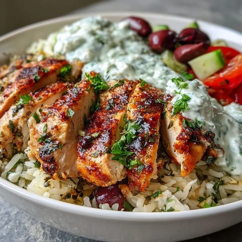 Greek Chicken Bowl with juicy sliced chicken, herbed rice, vibrant tomato-cucumber salad, and creamy tzatziki garnished with parsley.