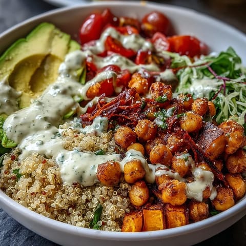 A close-up of a Buddha Bowl with Quinoa, Roasted Sweet Potatoes, and Crispy Chickpeas, topped with fresh veggies and creamy garlic tahini dressing.