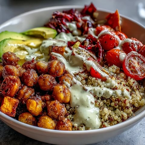 Overhead view of a vibrant Buddha Bowl with Quinoa, Roasted Sweet Potatoes, Crispy Chickpeas, and Fresh Veggies, drizzled with garlic tahini dressing.