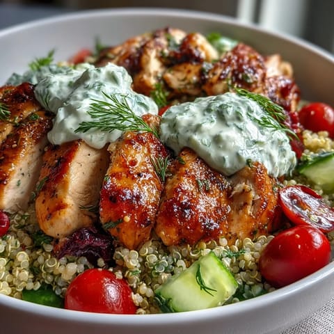 Overhead view of a vibrant Greek Chicken Power Bowl filled with quinoa, grilled chicken, crisp vegetables, Kalamata olives, fresh parsley, and a generous swirl of tzatziki sauce.