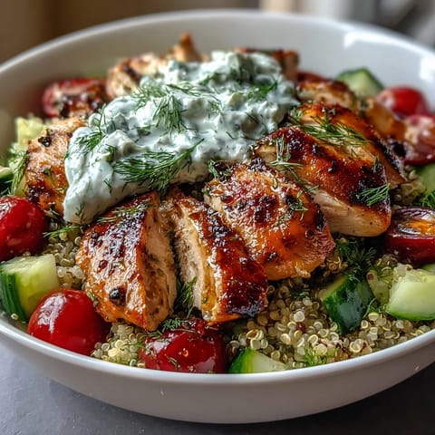 Close-up of the Greek Chicken Power Bowl featuring golden, juicy lemon-herb chicken slices, fluffy quinoa, diced cucumbers, halved cherry tomatoes, and a dollop of creamy tzatziki.