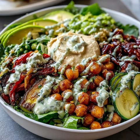 A colorful vegan Mediterranean Buddha bowl with roasted vegetables, chickpeas, avocado, olives, and creamy hummus, drizzled with zesty tahini dressing.