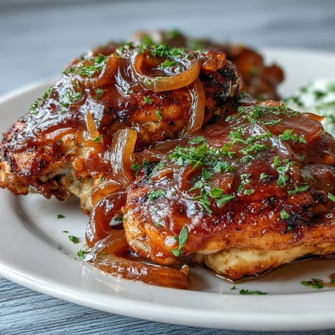 Soul Food Smothered Chicken with Onion Gravy in a cast iron skillet, golden chicken smothered in rich, savory onion gravy.